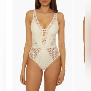 Becca Castaway Fishnet Plunge One-Piece Swimsuit in Cream (Ecru)